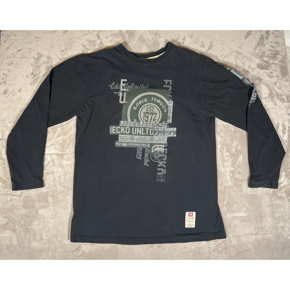 Vtg Y2k Faded Black Ecko Unltd Long Sleeve Shirt Mens Size L Hip Hop Skater